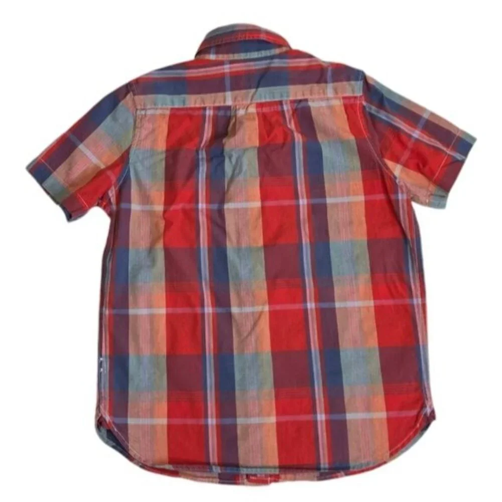 Gap kids orange and blue plaid short sleeve button down shirt small (6-7)